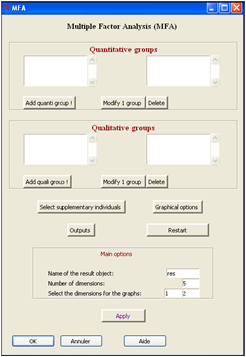 Multiple Factor Analysis: main window of the Multiple Factor Analysis
